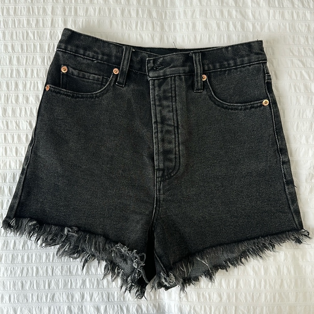 High waisted washed black jean shorts